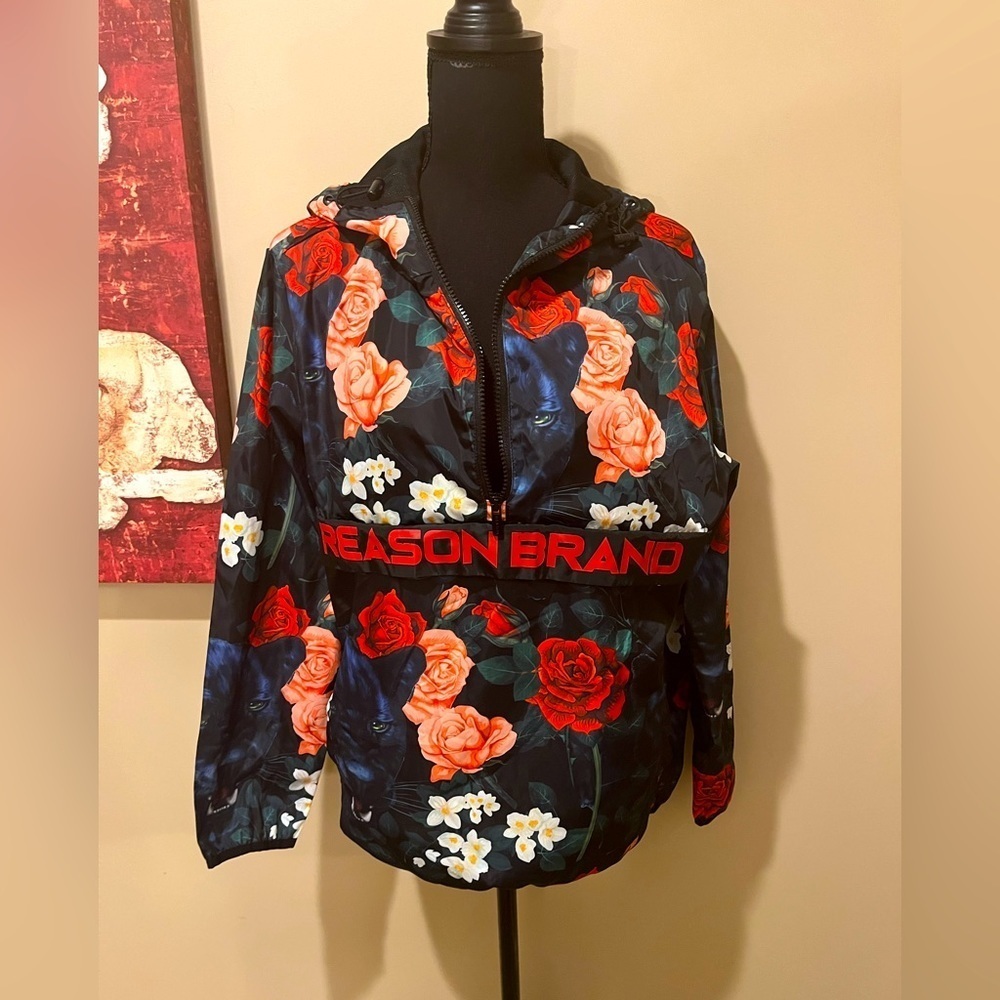 REASON Brand Women's Windbreaker Anorak, Roses, Black Panther Print, size Small